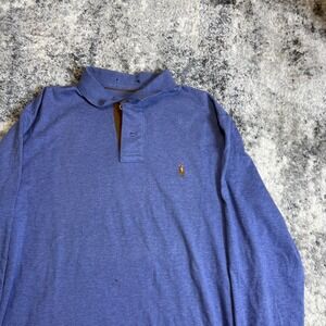 Polo Ralph Lauren Mens Blue Long Sleeve Polo Shirt Heathered Jersey Suede Trim